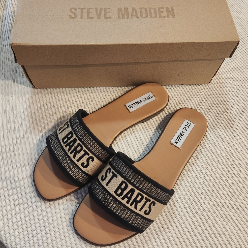 NEW STEVE MADDEN Black and Beige Knox Sandal - St Barts NIB